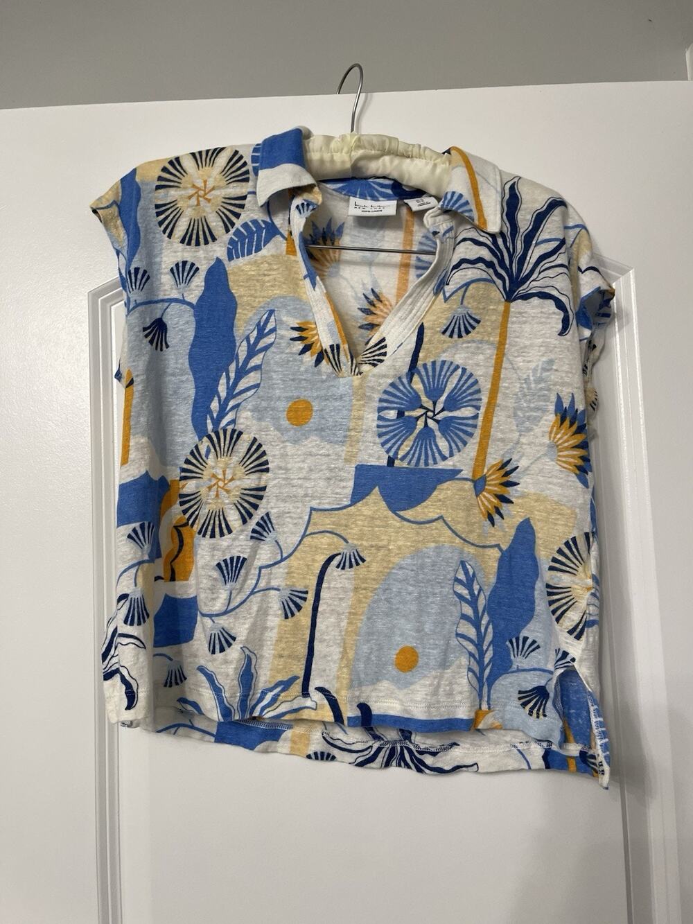 Nicole Miller Blue Botanical Print 100% Linen Polo Shirt Women M Short Sleeve